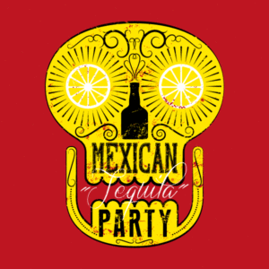 Rideau à mouche imprimé mexican party jaune et rouge par mon-rideau-a-mouche.com en PVC imprimé haute qualité avec support de fixation en alu.