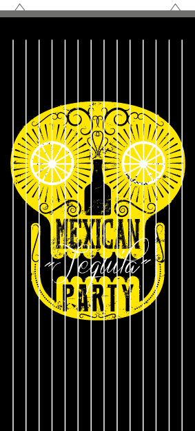 Rideau à mouche imprimé mexican party jaune et noir par mon-rideau-a-mouche.com en PVC imprimé haute qualité avec support de fixation en alu.